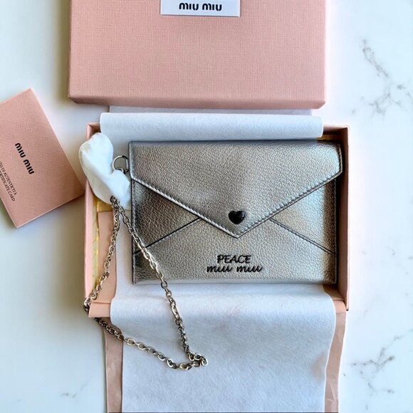 NIB Miu Miu Madras Slim Love Peace Metallic Wallet Leather Silver - Picture 7 of 7